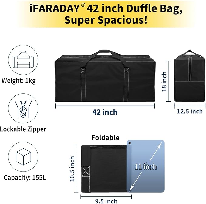 155L Extra Large Duffle Bag - 42 inch Heavy Duty & Water Resistant Duffel Bag Durable Luggage Storage Bag for Camping, Travel, Sports (Black)