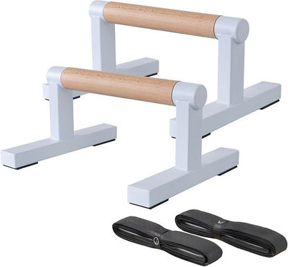 1 Pair Wooden Parallettes Push Up Bars for Men, Strength Training Pushup Stands Handles for Home Calisthenics, Fitness, Floor Workouts Solid Wood with White Metal Bracket - Support 500 lbs