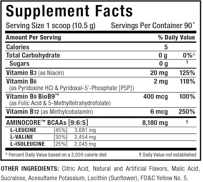 ALLMAX Nutrition AMINOCORE BCAA, Pineapple Mango - 945 g Powder - 8.18 Grams of Branched Chain Amin Acids Per Serving - with B Vitamins - No Fillers or Non-BCAA Aminos - Sugar Free - 90 Servings