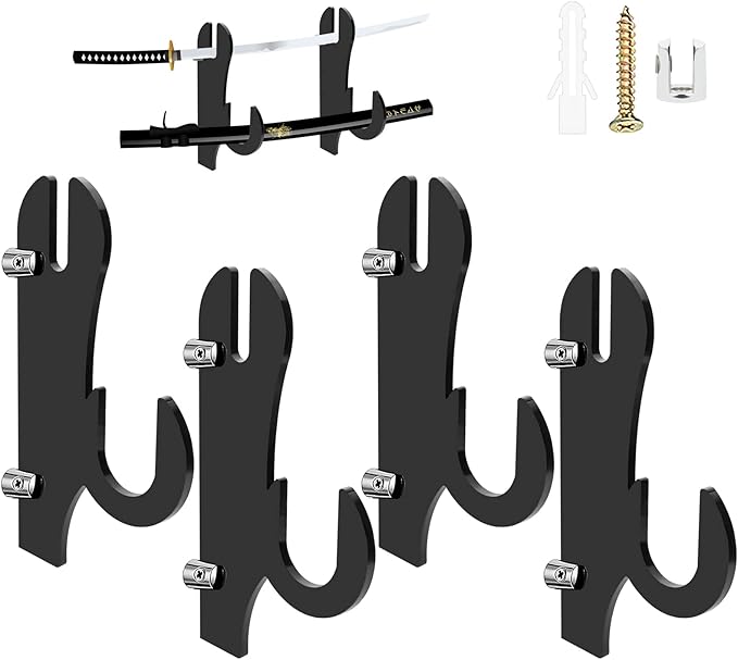 TRINENOX Sword Stand, Sword Wall Mount, Sword Hook, Sword Hanger Rack, Wall Mount Sword Hook, Acrylic Samurai Sword Display Holder for Katana Tanto Genji Wakizashi Sword Hanger Rack (2 Pairs Black)
