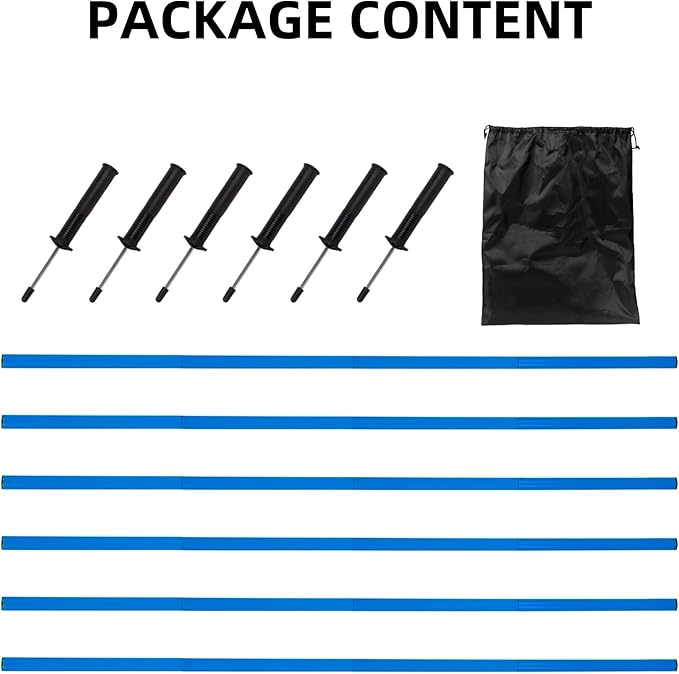 6 Pcs 5FT Agility Training Poles for Soccer,Basketball,Football,Dog,Horse Training-Adjustable Speed and Agility Training Equipment Sports Training Sticks with Ground Spring Nails and Storage Bag（Blue)