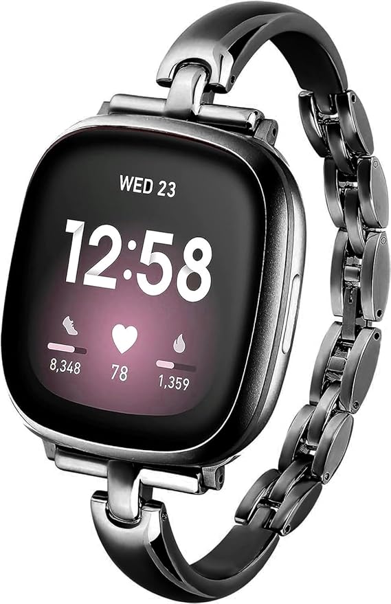 Silm Metal Band Compatible with Fitbit Versa 4/Fitbit Sense 2 Band Cute Women, Bling Jewelry Strap Replacement Compatible for Fitbit Sense/Versa 3 Women (Black)