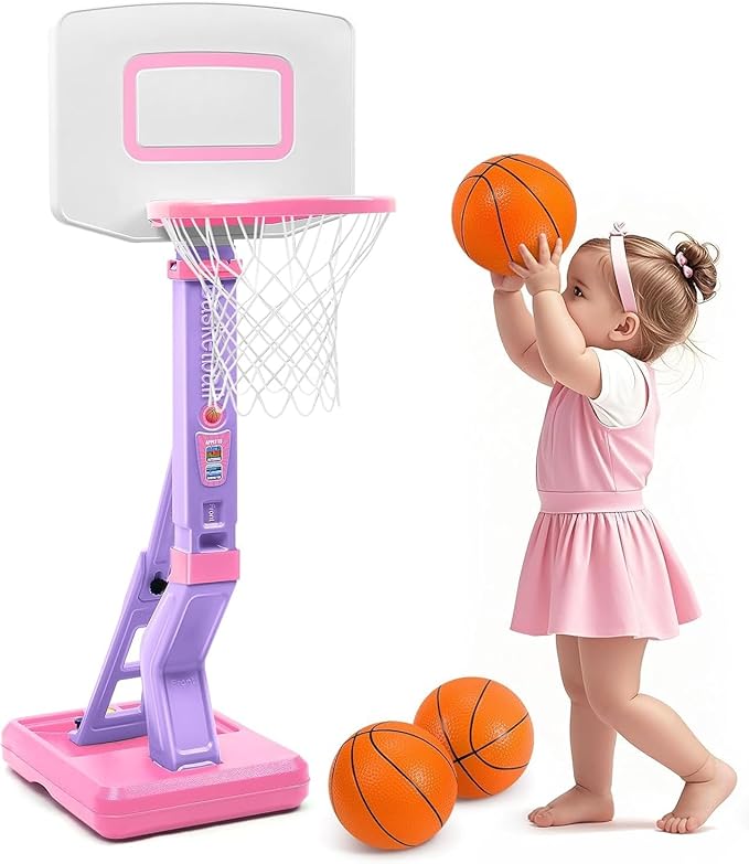 Super Joy Toddler Girl Basketball Hoop - Adjustable Kids Ball Hoop Set for Indoor - Portable Pink Mini Basketball Goal Outdoor Outside Pool Sport Toys Gifts for Baby Boys Age 1-3 2-4 3-5