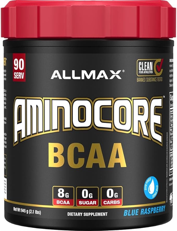 ALLMAX Nutrition AMINOCORE BCAA, Blue Raspberry - 945 g Powder - 8.18 Grams of Branched Chain Amin Acids Per Serving - with B Vitamins - No Fillers or Non-BCAA Aminos - Sugar Free - 90 Servings