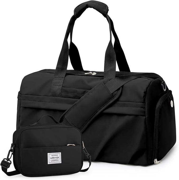 Gym Bag for Women Men, Sport Duffel Bag with Toiletry Bag & Shoe Compartment,Waterproof Travel Weekender Overnight Carry on Bag for Yoga with Trolley Sleeve, Black Set