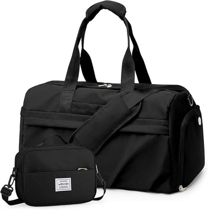Gym Bag for Women Men, Sport Duffel Bag with Toiletry Bag & Shoe Compartment,Waterproof Travel Weekender Overnight Carry on Bag for Yoga with Trolley Sleeve, Black Set
