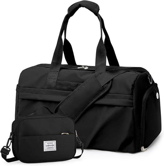 Gym Bag for Women Men, Sport Duffel Bag with Toiletry Bag & Shoe Compartment,Waterproof Travel Weekender Overnight Carry on Bag for Yoga with Trolley Sleeve, Black Set