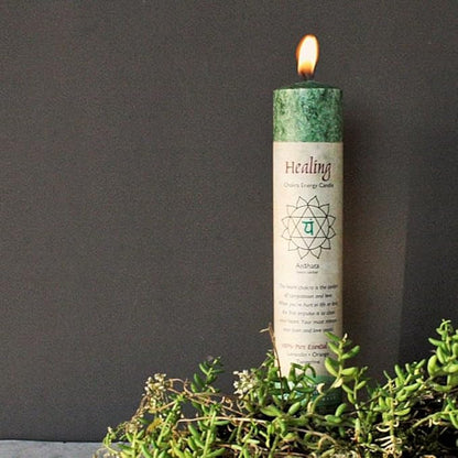 Premium Scented Candle Hand Made Chakra Energy Pillar | 4-Pack | Healing, Anahata | Yoga, Prayer & Meditation Candle | Long Burn 15 Hours | Essential Oils of Lavandin, Orange & Tangerine | Aloha Bay
