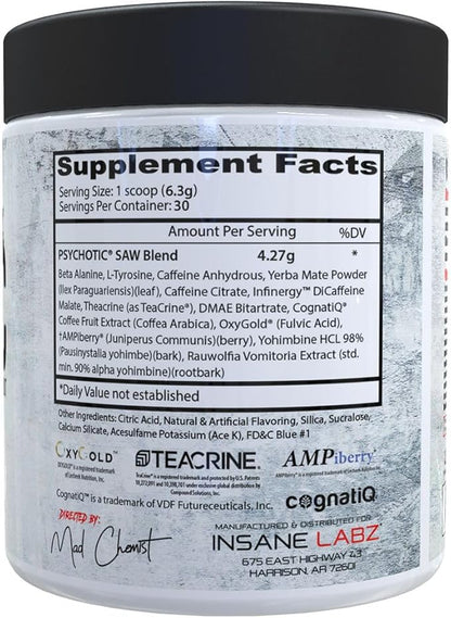 Insane Labz Psychotic SAW, High Stim Pre Workout Powder with OxyGold­??and AMPiberry®,Extreme Lasting Energy with Teacrine®,Focus with CognitIQ® and Endurance (30 Servings (Pack of 1), Blue Raspberry)