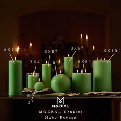 MOZEAL 3" x 6" Hand-Poured Unscented Candle,Dripless Pillar Candle Set of 3,Long Lasting Burning,Approx 120 Hours Burn Time,Rustic Country Style,for Wedding,Dinner,Christmas and Home Decor,Green