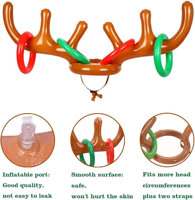4 Pack Inflatable Reindeer Antler Ring Toss Game (4 Antlers 16 Rings) Reindeer Antler Hat Ring Toss for Xmas Party 2023 Great Christmas Games for Families