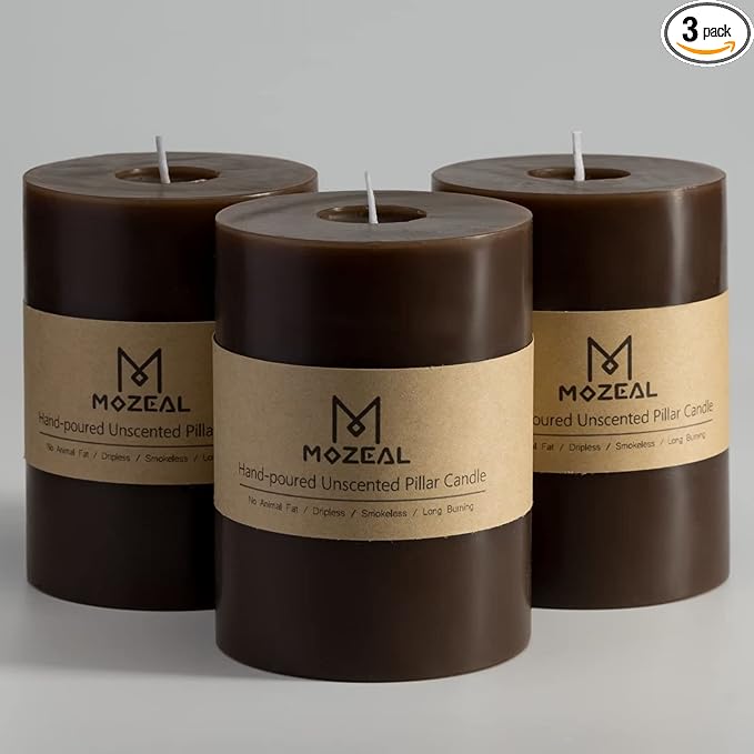 MOZEAL 3" x 4" Hand-Poured Unscented Candle,Dripless Pillar Candle Set of 3,Long Clean Burning,Approx 72 Hours Burn Time,Rustic Country Style,Wedding,Dinner,Christmas and Home Decor,Brown
