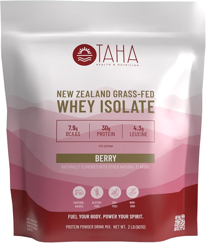 Taha Health & Nutrition Berry Whey Protein Isolate Powder, 30g Protein, 7.9g BCAAs, 4.3g Leucine | New Zealand Free-Range, Grass-Fed Dairy | Gluten-Free, Keto, Kosher | 2LB,24 Servings