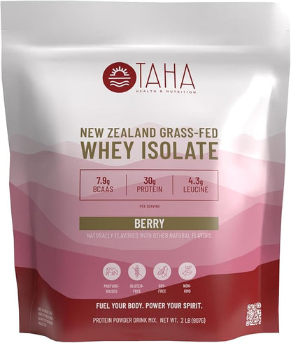 Taha Health & Nutrition Berry Whey Protein Isolate Powder, 30g Protein, 7.9g BCAAs, 4.3g Leucine | New Zealand Free-Range, Grass-Fed Dairy | Gluten-Free, Keto, Kosher | 2LB,24 Servings