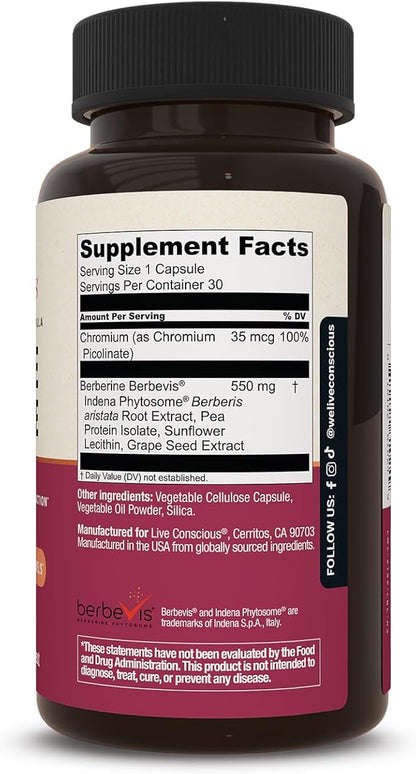 Live Conscious Berberine Phytosome - Advanced & Bioavailable Berberine Formula, Optimal Energy, Metabolic Health & Weight Management - 30 Servings