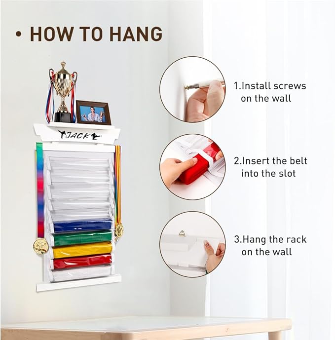 Tilhumt 12/10 Belts Karate Belt Display Rack with Stickers, Taekwondo Belt Display with Trophy/Photo Rack, Felt Dustproof Design, Easy to Put in Belt, Martial Arts Belt Display for Adults