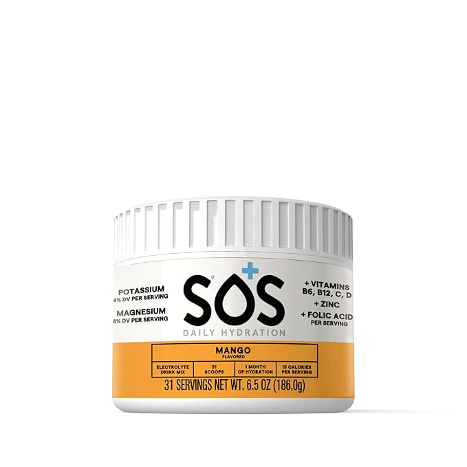 SOS Hydration Electrolyte Drink Mix (31 Servings) – Low Sugar, 15 Calorie, Keto-Friendly & Rapid Rehydration (31 Servings, Mango)