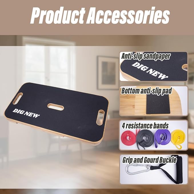 Wooden Resistance Band Foot Plate,Exercise Platform with Non-Slip Surface,4 Resistance Bands,for Home Gym,Full-Body Strength Training