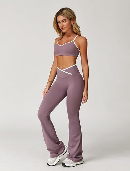 ABOCIW Workout Sets for Women 2 Piece Color Block Strappy Sports Bra High Waist Leggings Gym Yoga Pilates Outfits