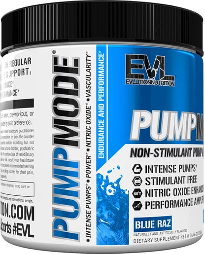 EVL PumpMode Nitric Oxide Supplement - Nitric Oxide Booster Pump Pre Workout Powder with Glycerol and Betaine for Muscle Recovery Growth and Endurance - Stim Free Pre Workout Drink (Blue Raz)
