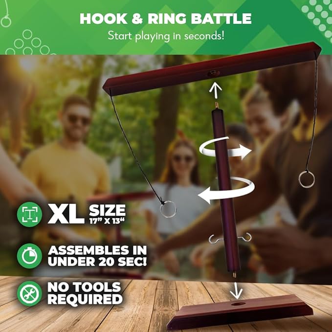 Swooc Games® - Battle Hooks XL Hook and Ring Game with Ladder - 20 Second Set Up - Hook and Ring Toss Game for Adults - Wooden Ring Hook Tossing Game - Tabletop Ring Hook Game