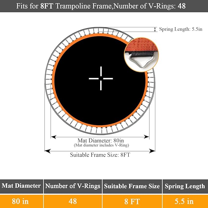 Trampoline Mat, Dia:80", Fits 8FT Round Frame, with 48 V-Rings and Spring Tool, Replacement Jumping Mat for Reinforce, UV-Resistant