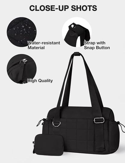 VUUDH Puffy Mini Gym Bag for Women, Carry On Multi-Pocket Water-Resistant Duffel, Lightweight Sports Bag for Fitness, Work, Travel, Daily Commute,Black
