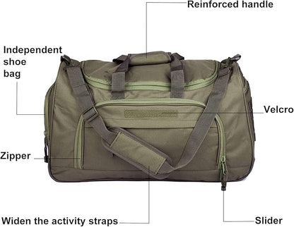 Gym Bag for Women & Men Tactical Duffle Military Weekender Work Out Lightweight Waterproof Sports Tote Shoe Pocket Green