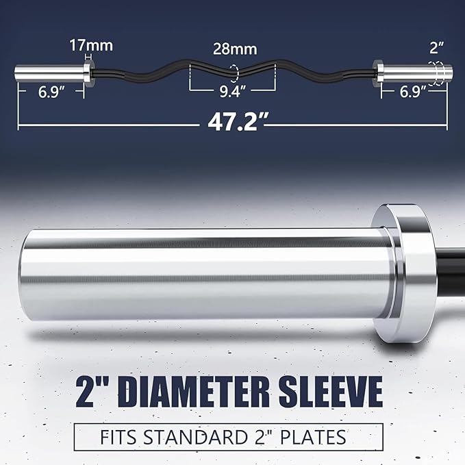TECHNOAGE Olympic EZ Curl Bar, 47" Curl Bar(350/500LBS Capacity) 20LB, Solid Steel, Chrome Finish Barbell with Copper Sleeve and Bearing for 2-inch Plates, for Weight Lifting,Hip Thrusts,Squat,Biceps-Home Gym Weight Bar