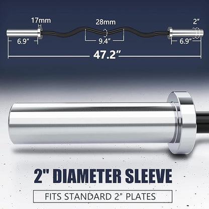 TECHNOAGE Olympic EZ Curl Bar, 47" Curl Bar(350/500LBS Capacity) 20LB, Solid Steel, Chrome Finish Barbell with Copper Sleeve and Bearing for 2-inch Plates, for Weight Lifting,Hip Thrusts,Squat,Biceps-Home Gym Weight Bar