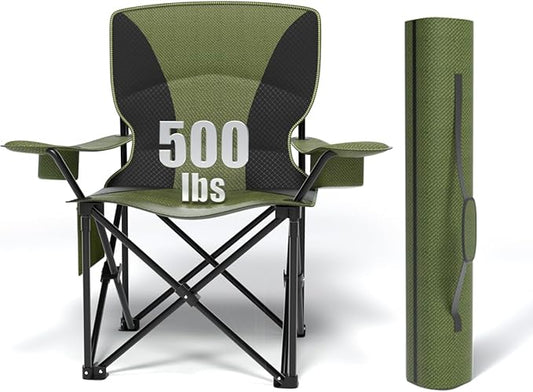 Heavy Duty Folding Chair 500LB Capacity, Oversized Camping Chairs with Cup Holder, Cooler Bag &