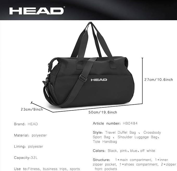 HEAD 32L Carry On Women Gym Duffel Bag with Shoes Compartment, Lightweight Crossbody Women Sport Bag for Men & Women, Workout Tote Bag Handbag for Business/Fitness/Yoga/Weekender Overnight