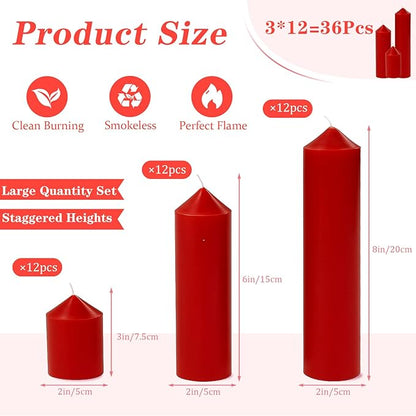 36 Pcs Red Pillar Candles Bulk Set，Hurricane Candlesï¼? Different Lengths (12 Each)，Dripless Unscented Smokeless，Gives You a Better Atmosphere When Organizing Wedding or Event Party.