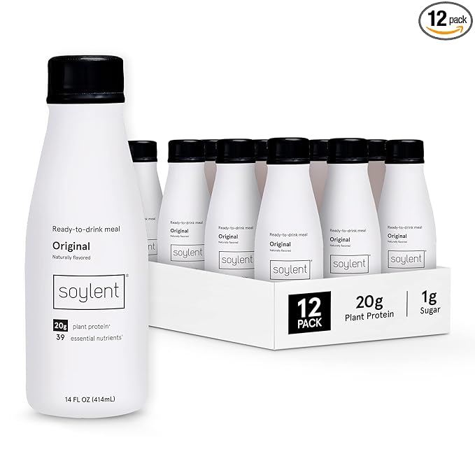 Soylent Original Meal Replacement Shake, Ready-to-Drink Plant Based Protein Drink, Contains 20g Complete Vegan Protein and 1g Sugar, 14oz, 12 Pack
