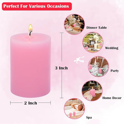 2x3 Inch Pink Pillar Candles Small 24 Hours Unscented Dripless Flat Top Column Cylinder Candles for Dinner Table Christmas Wedding Home Valentine's Day Relaxation Spa Church, 4 Packs