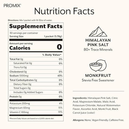 ProMix Nutrition Electrolytes Powder Hydration Packets - Himalayan Pink Salt, Magnesium, Potassium, Vitamin C - Salted Watermelon, Lightly Sweetened - 30 Servings (Pack of 30)