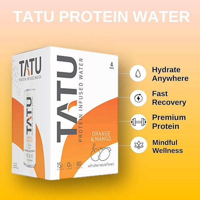 TATU Ready-To-Drink Protein Infused Water Orange Mango 12 Pack. 15 grams of whey protein isolate, 0 grams of sugar, only 60 calories. Lemon Ginger and Orange Mango. Gluten Free, lactose free.…