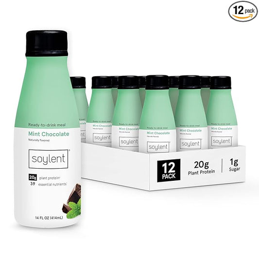 Soylent Mint Chocolate Meal Replacement Shake, Ready-to-Drink Plant Based Protein Drink, Contains 20g Complete Vegan Protein and 1g Sugar, 14oz, 12 Pack