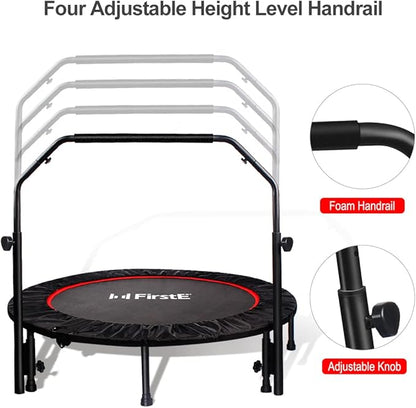 FirstE Mini Fitness Trampoline for Adults, Foldable Exercise Trampoline with Adjustable Foam Handle, Rebounder Trampoline for Bounce Workout Indoor/Garden
