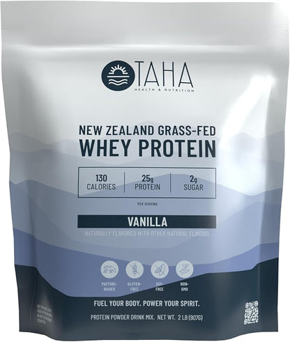 Taha Health & Nutrition Vanilla Flavored Whey Protein Concentrate Powder, 25g Protein, 140 Calories, 2g Sugar | New Zealand Grass-Fed, Free-Range Dairy | Gluten and Soy Free, Keto, Kosher | 2LB