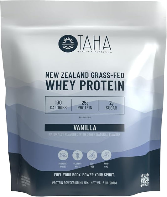 Taha Health & Nutrition Vanilla Flavored Whey Protein Concentrate Powder, 25g Protein, 140 Calories, 2g Sugar | New Zealand Grass-Fed, Free-Range Dairy | Gluten and Soy Free, Keto, Kosher | 2LB