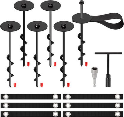 Trampoline Stakes, Flymer Trampoline Anchors High Wind Heavy Duty, 12 in Trampoline Tie Down Anchor Kit for Ground Stake, Screw in Ground Anchor 6 Pcs with Straps
