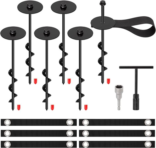 Trampoline Stakes, Flymer Trampoline Anchors High Wind Heavy Duty, 12 in Trampoline Tie Down Anchor Kit for Ground Stake, Screw in Ground Anchor 6 Pcs with Straps