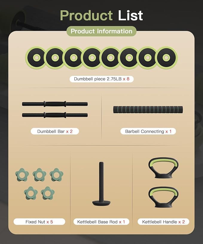 Adjustable Dumbbell Set 22/42/62LBS, 5-in-1 Free Weight Dumbbell Set Used as Dumbbell，Kettlebell,Barbell, Push-Up Stand,Weight Plate, Iron Sand Weights Set with Connector ,Fitness Exercises for Home Gym Suitable Men/Women