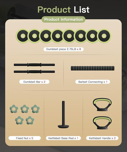 Adjustable Dumbbell Set 22/42/62LBS, 5-in-1 Free Weight Dumbbell Set Used as Dumbbell，Kettlebell,Barbell, Push-Up Stand,Weight Plate, Iron Sand Weights Set with Connector ,Fitness Exercises for Home Gym Suitable Men/Women