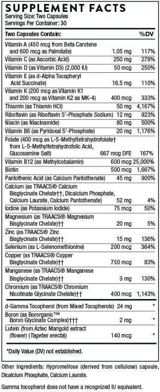 THORNE - Basic Nutrients 2/Day - Comprehensive Daily Multivitamin with Optimal Bioavailability - Vitamin & Mineral Formula - Gluten, Dairy & Soy-Free - 60 Capsules - 30 Servings