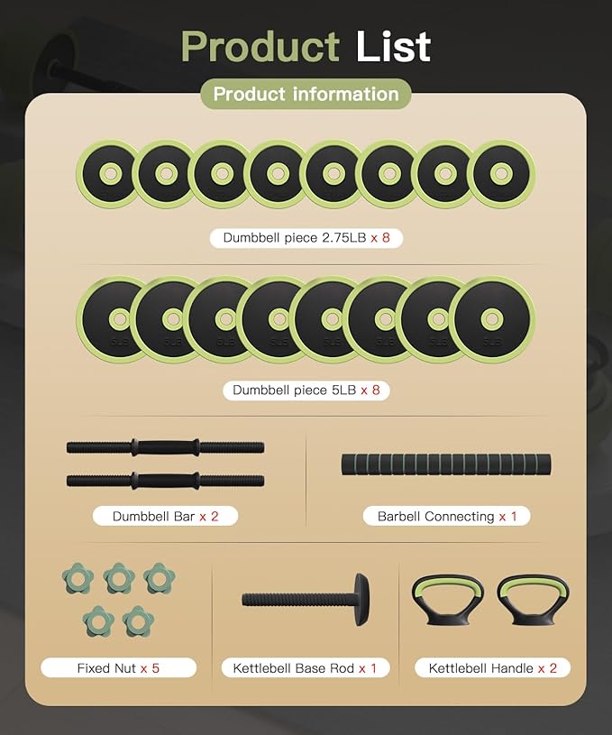 Adjustable Dumbbell Set 22/42/62LBS, 5-in-1 Free Weight Dumbbell Set Used as Dumbbell，Kettlebell,Barbell, Push-Up Stand,Weight Plate, Iron Sand Weights Set with Connector ,Fitness Exercises for Home Gym Suitable Men/Women