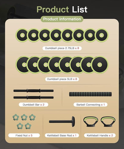 Adjustable Dumbbell Set 22/42/62LBS, 5-in-1 Free Weight Dumbbell Set Used as Dumbbell，Kettlebell,Barbell, Push-Up Stand,Weight Plate, Iron Sand Weights Set with Connector ,Fitness Exercises for Home Gym Suitable Men/Women