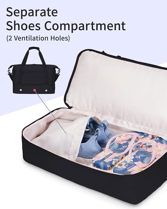 sportsnew Gym Travel Bag for Women, Large Travel Duffel with Shoe Compartment and Wet Pocket, Water Resistant Weekender Overnight Carry on Sports Tote Bags, Black, patent pending