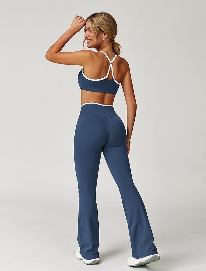 ABOCIW Workout Sets for Women 2 Piece Color Block Strappy Sports Bra High Waist Leggings Gym Yoga Pilates Outfits